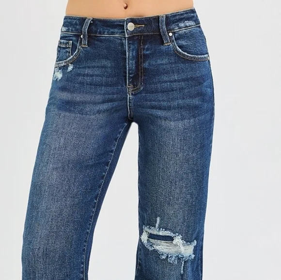 RISEN High-Rise Waist Distressed Patch Knee Straight Leg Pants Ankle Denim Jeans - Picture 6 of 16